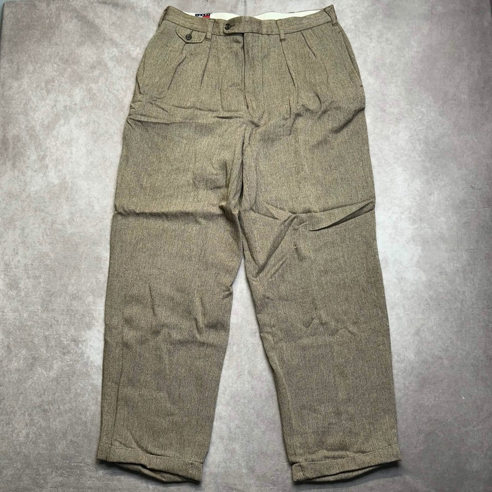 Tommy Hilfiger Mens 36x32 Brown Herringbone Wool Blend Pleated Cuffed Trousers